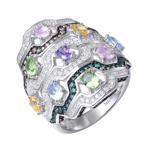 colorful Gemstone Rhodium over sterling silver Band ring 