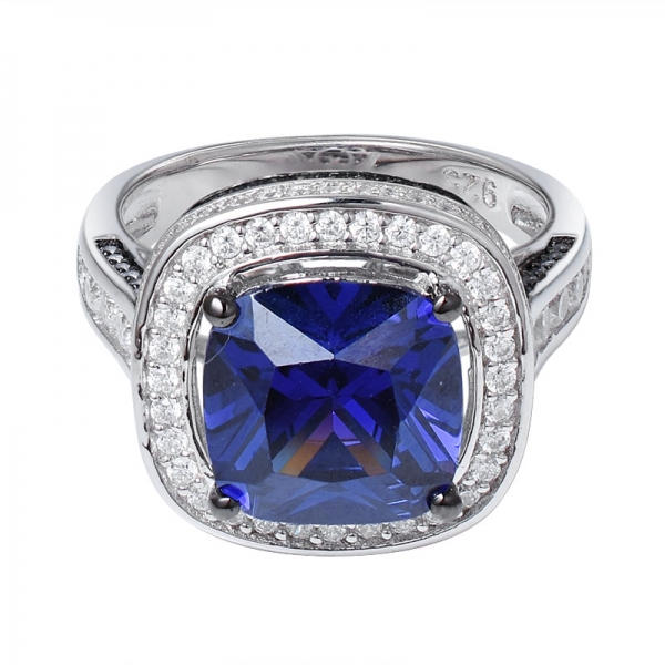 Cushion Cut Simulated Blue Tanzanite Round Clear CZ Black Tone Plated 925 Sterling Silver wedding ring 