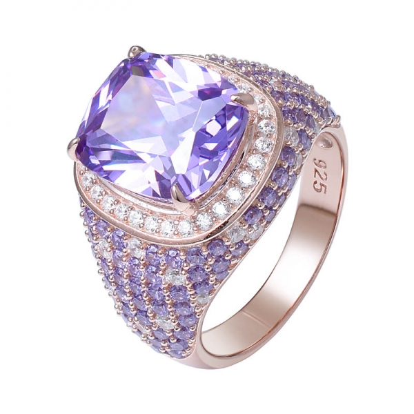 Purple Amethyst and Clear CZ Rose gold Tone Plated 925 Sterling Silver ring 