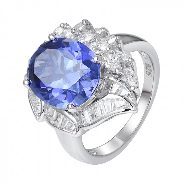 Blue Tanzanite simulated CZ Oval Cut Stone Rhodium Over  Engagement Ring for Women 