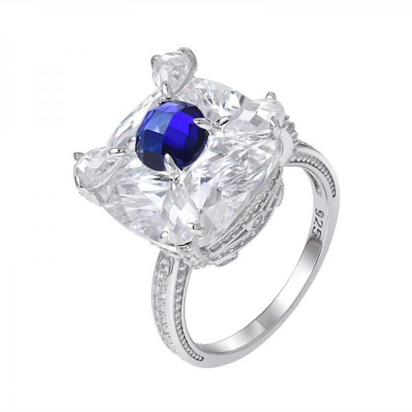 Up&Down Double Stone Blue sapphire Rhodium Over Sterling silver engagement ring 