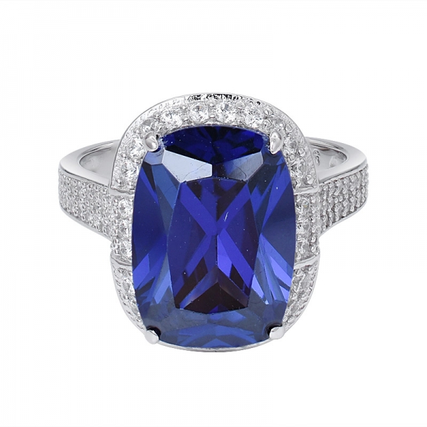 Blue Tanzanite Created Cushion Cut Rhodium Over Sterling silver engagement ring 