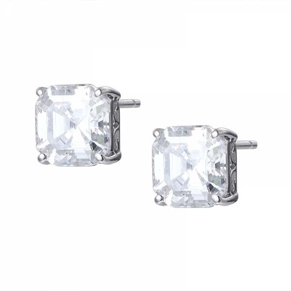 Asscher Cut 5A Quality 2Ct white cz Rhodium Over Sterling Silver Studs earring 