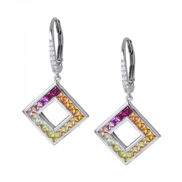 Princess cut Synthetic sapphire Rhodium over Sterling silver rainbow earring 