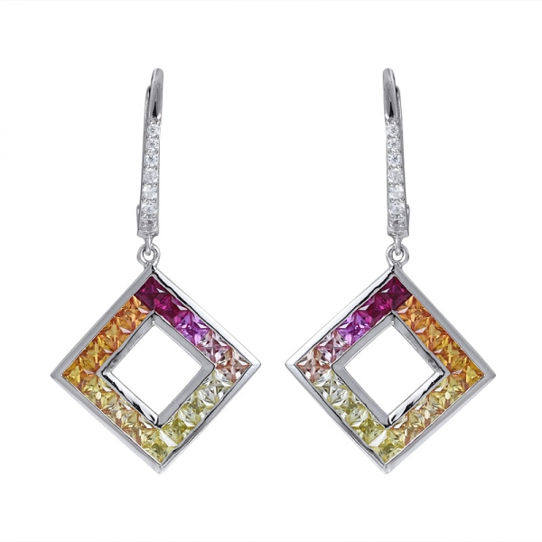 Princess cut Synthetic sapphire Rhodium over Sterling silver rainbow earring 