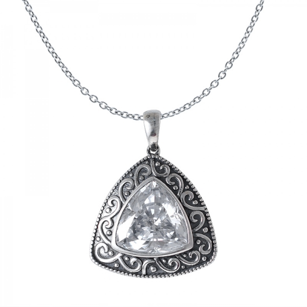 Triangle Cut White CZ Black Artisan over sterling silver pendant 