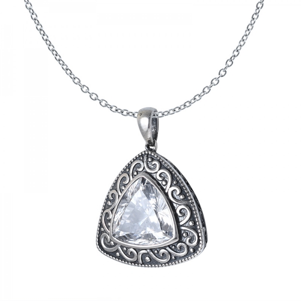 Triangle Cut White CZ Black Artisan over sterling silver pendant 