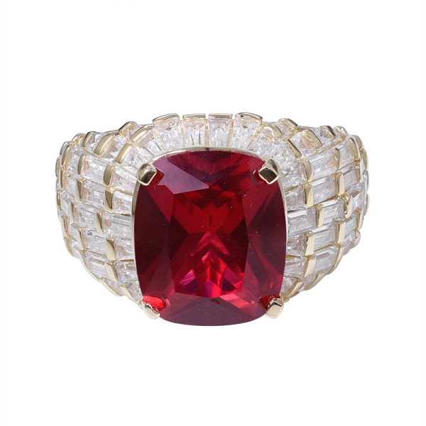 Created Ruby Gemstone red Corundum Cushion Cut Yellow Gold Over Sterling silver Engagement Ring 