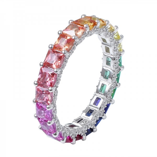 Square Cut Sapphire synthetic Rhodium Over Sterling Silver Rainbow eternity ring 