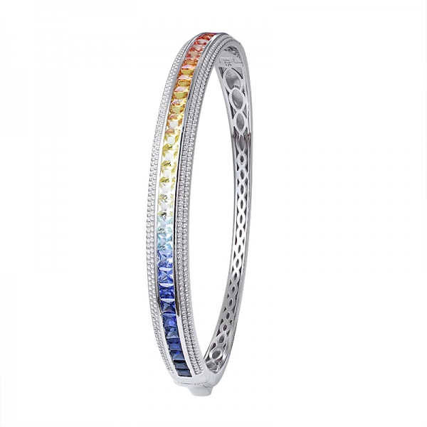 Synthetic colorful Sapphire gemstone Square cut Rhodium Over Sterling Silver rainbow bangle 