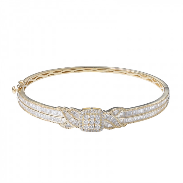 White Cubic zirconia Baguette Cut yellow gold Over Sterling Silver bangle 