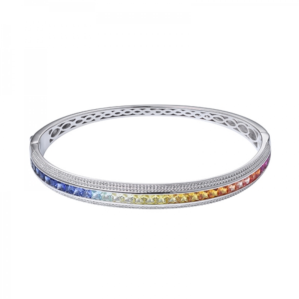 Synthetic colorful Sapphire gemstone Square cut Rhodium Over Sterling Silver rainbow bangle 