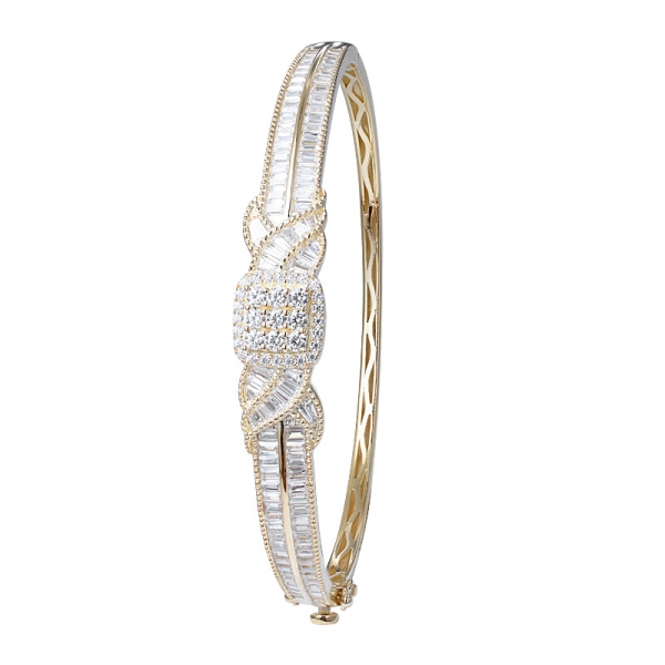 White Cubic zirconia Baguette Cut yellow gold Over Sterling Silver bangle 