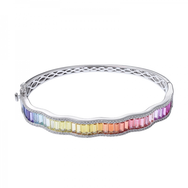 Baguette Cut Colorful Sapphire Synthetic Rhodium Over Sterling Silver rainbow bangle 