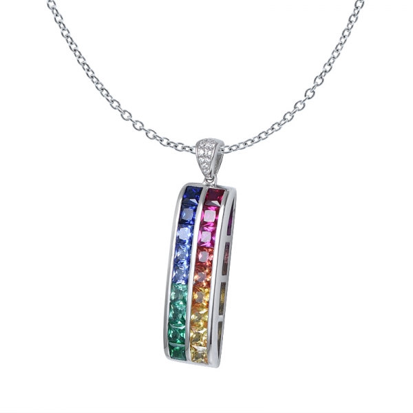 Princess Cut Synthetic sapphire Rhodium Over 2 lines Rainbow Pendant for women 