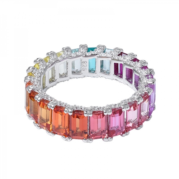 Synthetic Sahhpire Colorful Emerald Cut Rhodium over Sterling Silver rainbow eternity ring 