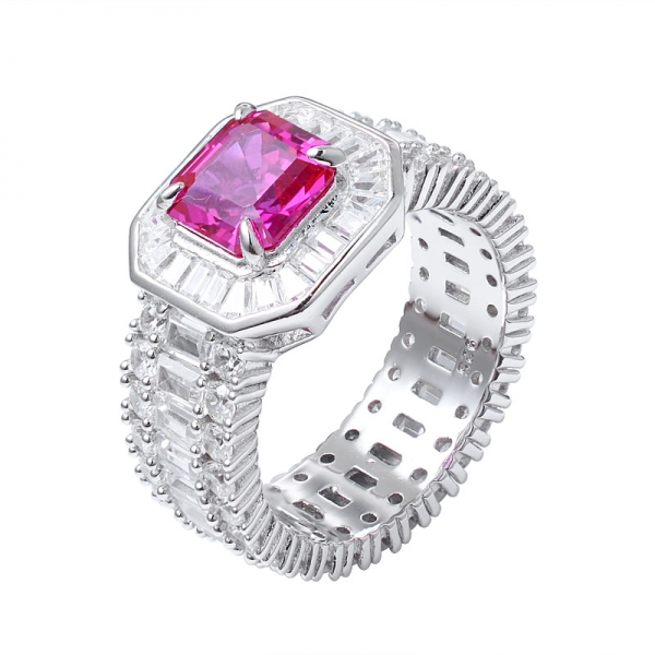 Ruby created Asscher cut Rhodium Over 925 Sterling Silver wedding band ring 