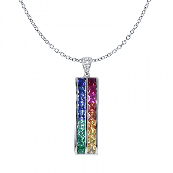 Princess Cut Synthetic sapphire Rhodium Over 2 lines Rainbow Pendant for women 