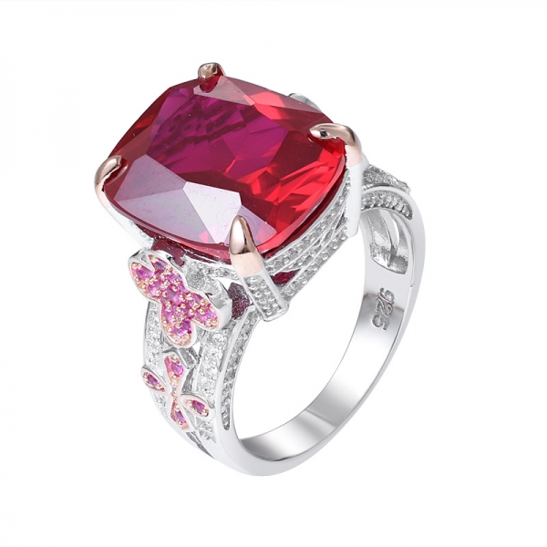 Ruby Created Cushion Cut 2-tone over 925 Sterling Silver engagement ring 