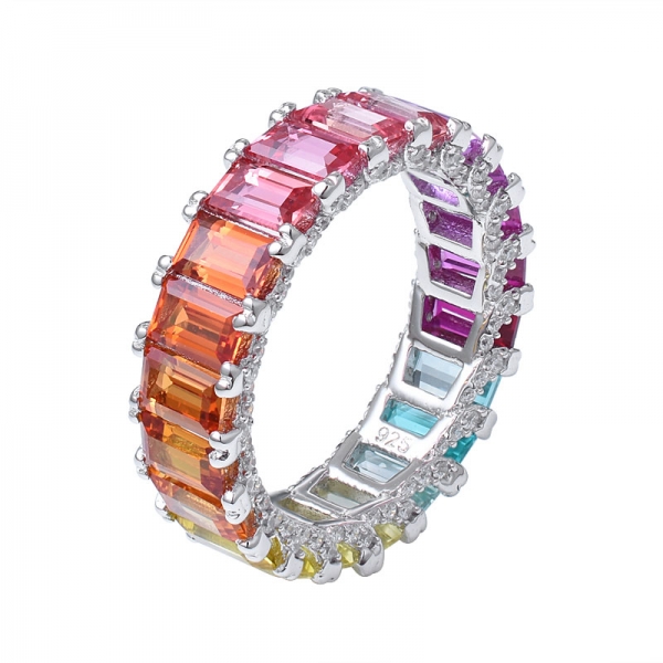 Synthetic Sahhpire Colorful Emerald Cut Rhodium over Sterling Silver rainbow eternity ring 