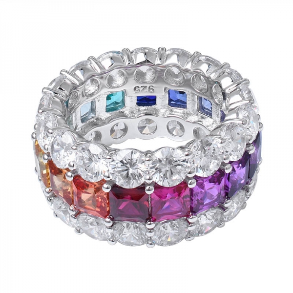 Synthetic Sahhpire Princess&Round Cut Rhodium over Sterling Silver 3 lines rainbow eternity ring 