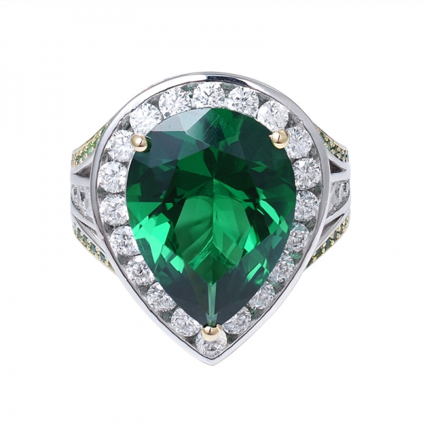 Pear Cut Green emerald created Rhodium Over 925 Sterling Silver ring 