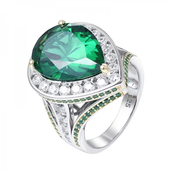 Pear Cut Green emerald created Rhodium Over 925 Sterling Silver ring 