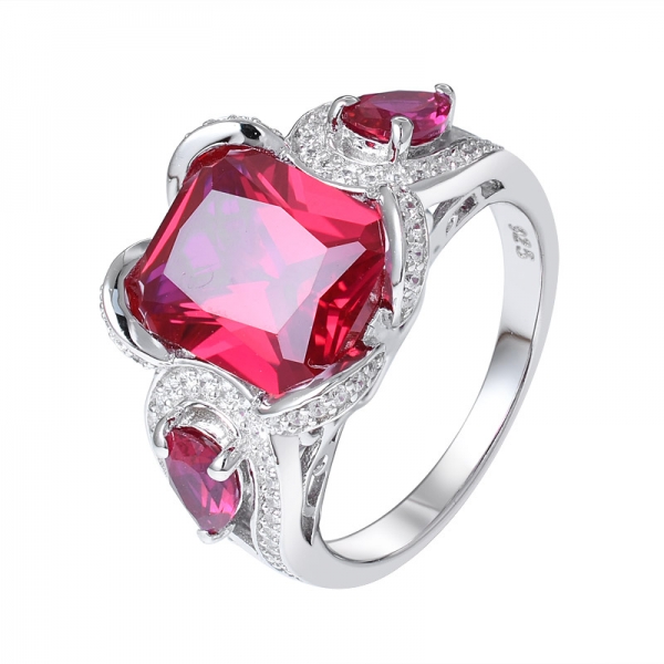 Ruby Created Princess Cut Rhodium Over 925 Sterling Silver 3 stone engagement ring 