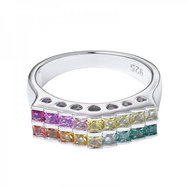 Synthetic Sahhpire Princess Cut 2.0mm Rhodium over Sterling Silver 2 line rainbow band ring 