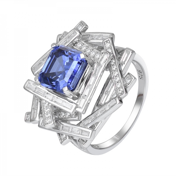Blue Tanzanite Created Asscher Cut Rhodium Over 925 Sterling Silver ring set jewelry 