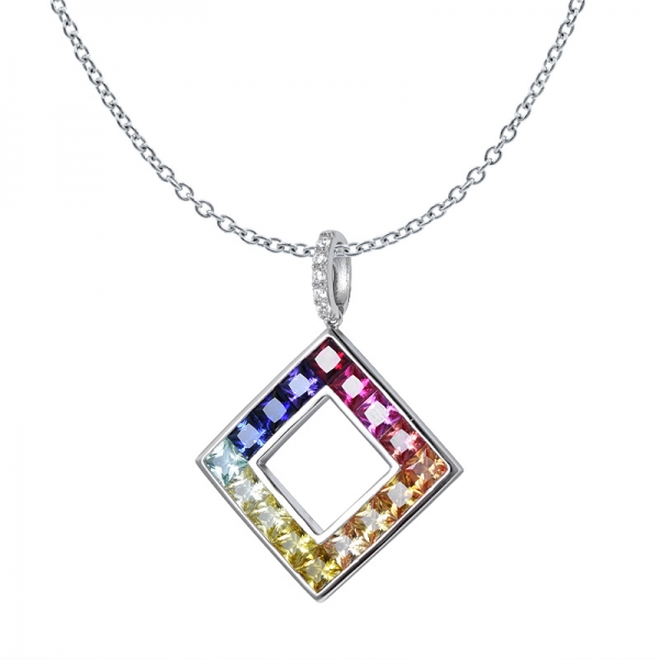 synthetic colorful sapphire Princess cut Sterling silver rainbow pendant set 