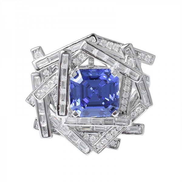 Blue Tanzanite Created Asscher Cut Rhodium Over 925 Sterling Silver ring set jewelry 