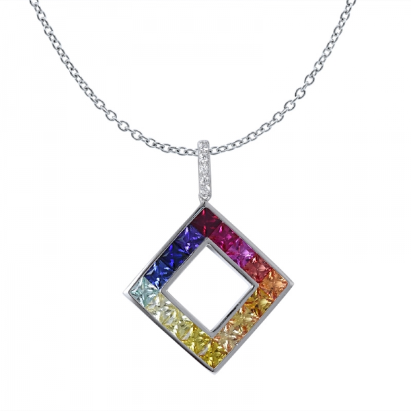 synthetic colorful sapphire Princess cut Sterling silver rainbow pendant set 