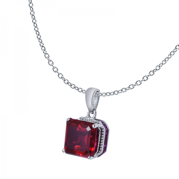 Created Ruby Assher cut rhodium over sterling silver Pendant Set Jewelry 