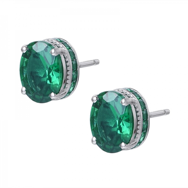 oval cutting created emerald rhodium over sterling silver studs earring 