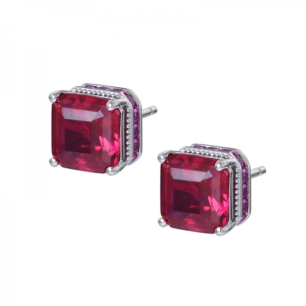 Created Ruby Princess Square cut rhodium over sterling silver studs earring 