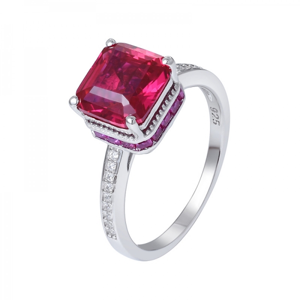 Created Ruby Square Cut rhodium over sterling silver Wedding band ring for women 