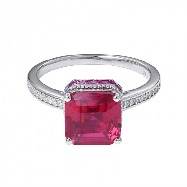 Created Ruby Square Cut rhodium over sterling silver Wedding band ring for women 