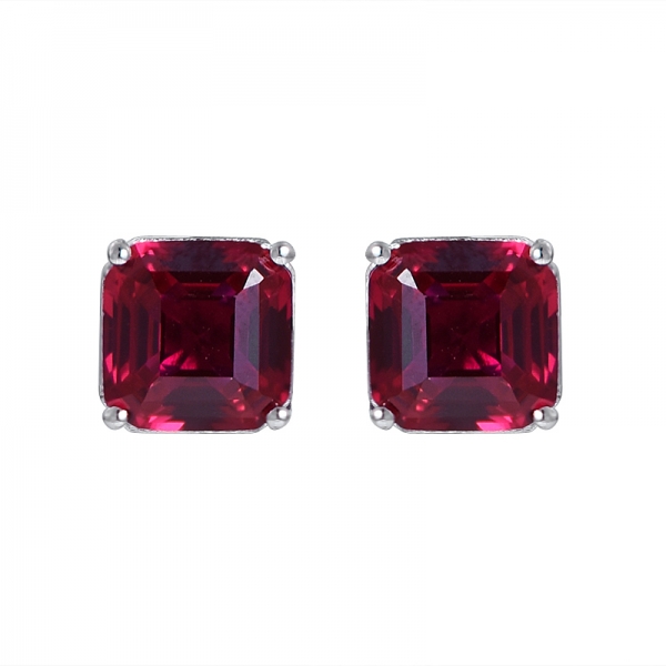 Created Ruby Princess Square cut rhodium over sterling silver studs earring 