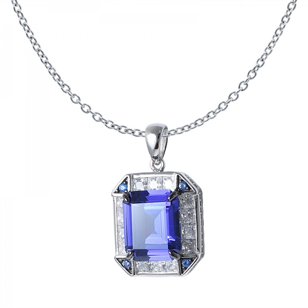 Created Blue Tanzanite Emerald Cut rhodium&Black Artisan over sterling silver pendant 