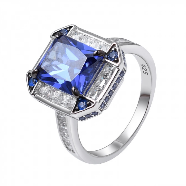 Created Blue Tanzanite Emerald Cut rhodium&Black Artisan over sterling silver engagement ring 