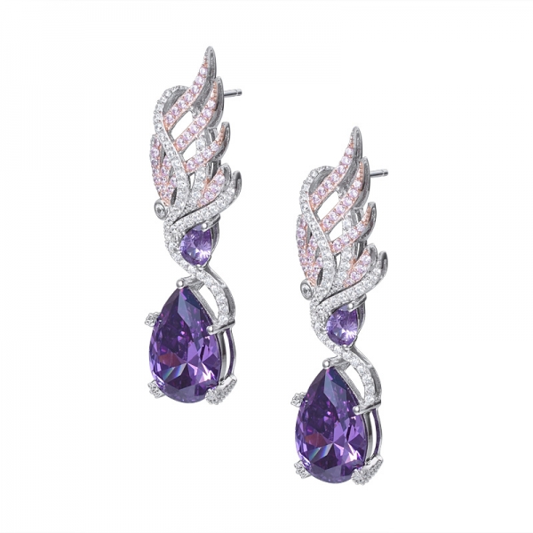 Amethyst Cubic Zirconia Pear Cut 2-tone Artisan over sterling silver Gemstone Dangle Earrings 