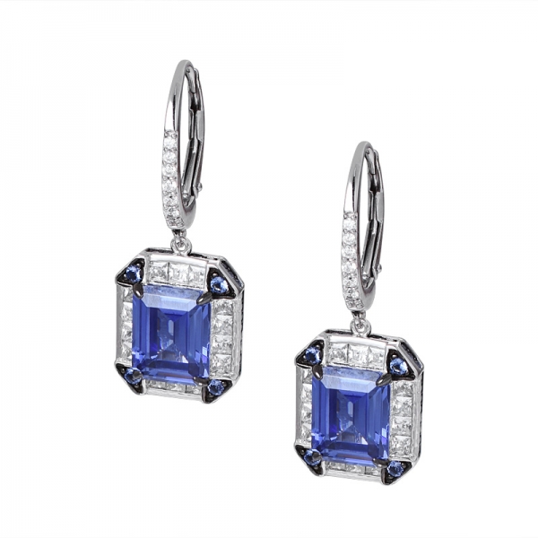 Created Blue Tanzanite Emerald Cut rhodium&Black Artisan over sterling silver dangle earring 