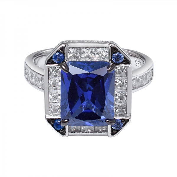 Created Blue Tanzanite Emerald Cut rhodium&Black Artisan over sterling silver engagement ring 