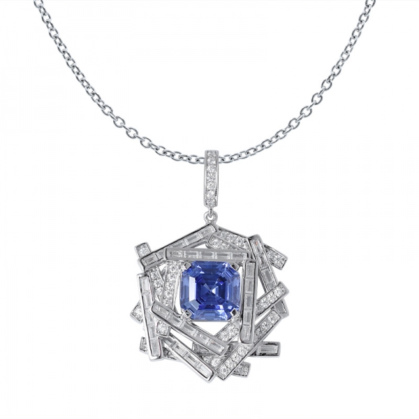 Blue Tanzanite Created Asscher Cut Rhodium Over 925 Sterling Silver pendant 