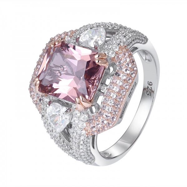 Created Pink morganite Princess cut 2-tone plated over sterling silver engagement ring 