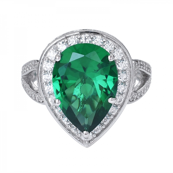 Emerald Green Created Pear Cut rhodium over sterling silver engagement ring 
