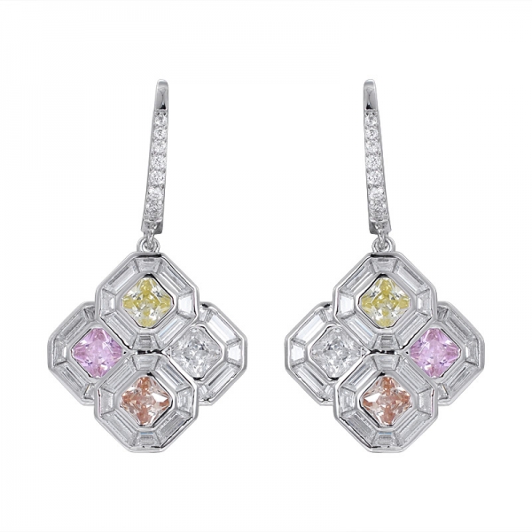 colorful Cubic Zirconia 18K white Gold Over Sterling Silver Asscher Cut earring 
