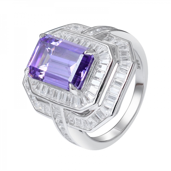 Amethyst Gemstone Created Emerald Cut rhodium over sterling silver wedding ring 