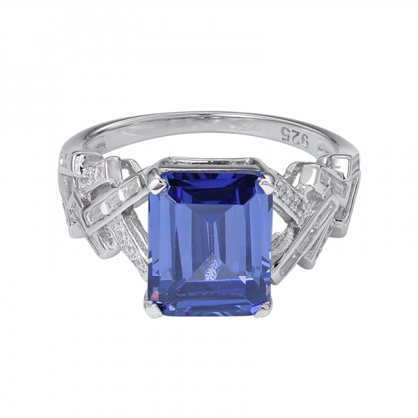 Blue Tanzanite Created Emerald Cut Rhodium Over 925 Sterling Silver ring set jewelry 
